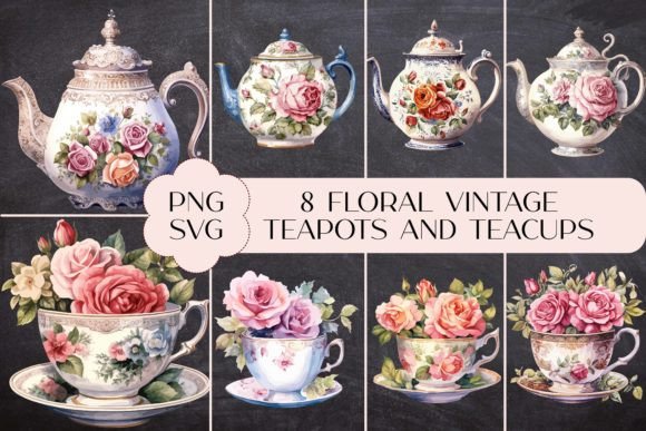 8 Floral Vintage Teapots and Teacups: Editorial Graphics & Illustrations
