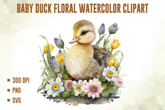 Baby Duck Floral Watercolor Clipart: Graphics & Illustrations