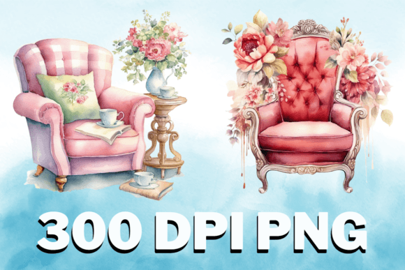 Chair Floral Watercolor Clipart Set V07: Graphics & Illustrations