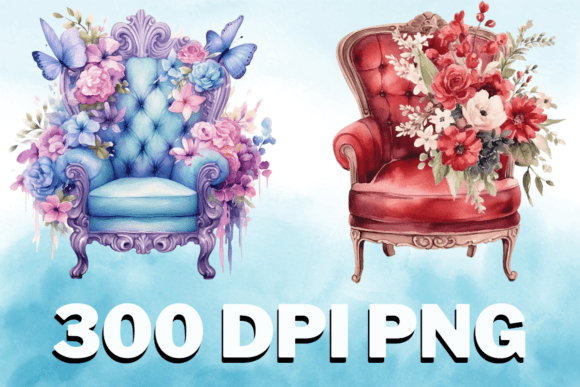 Chair Floral Watercolor Clipart Set V18: Graphics & Illustrations for Local Branding