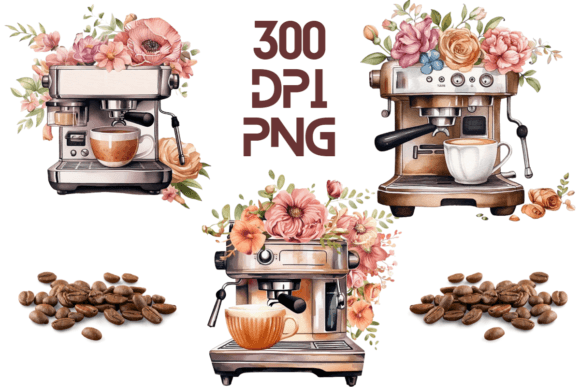 Coffee Machine Watercolor Floral PNG 04: Graphics & Illustrations