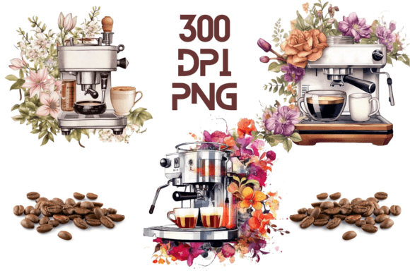 Coffee Machine Watercolor Floral PNG 09: Graphics & Illustrations for Local Branding