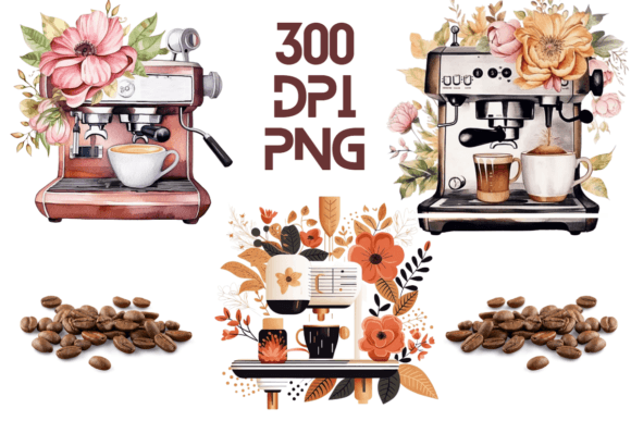 Coffee Machine Watercolor Floral PNG 15 Graphics