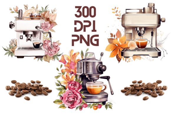 Coffee Machine Watercolor Floral PNG 19 Graphics