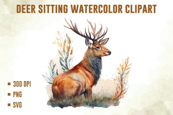 Deer Sitting Floral Watercolor Clipart: Graphics & Illustrations