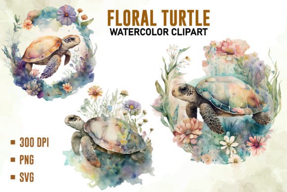 Floral Turtle Watercolor Clipart