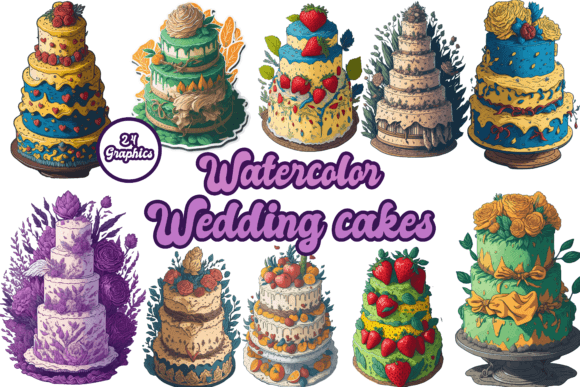 Floral Wedding Cakes Watercolor Clipart: Graphics & Illustrations
