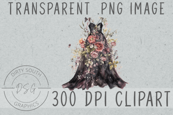 Watercolor Black Floral Dress Clip Art