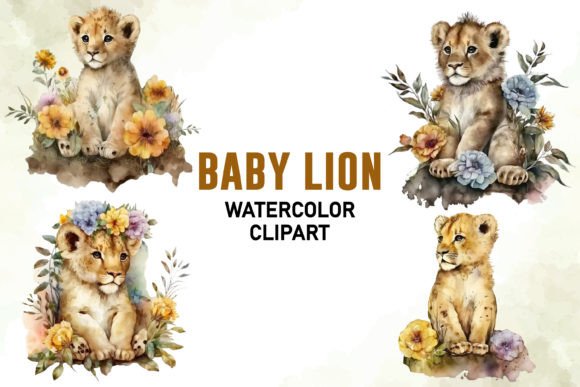 Watercolor Floral Baby Lion Bundle: Graphics & Illustrations
