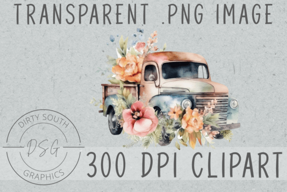 Watercolor Old Floral Truck Clip Art: Graphics & Illustrations